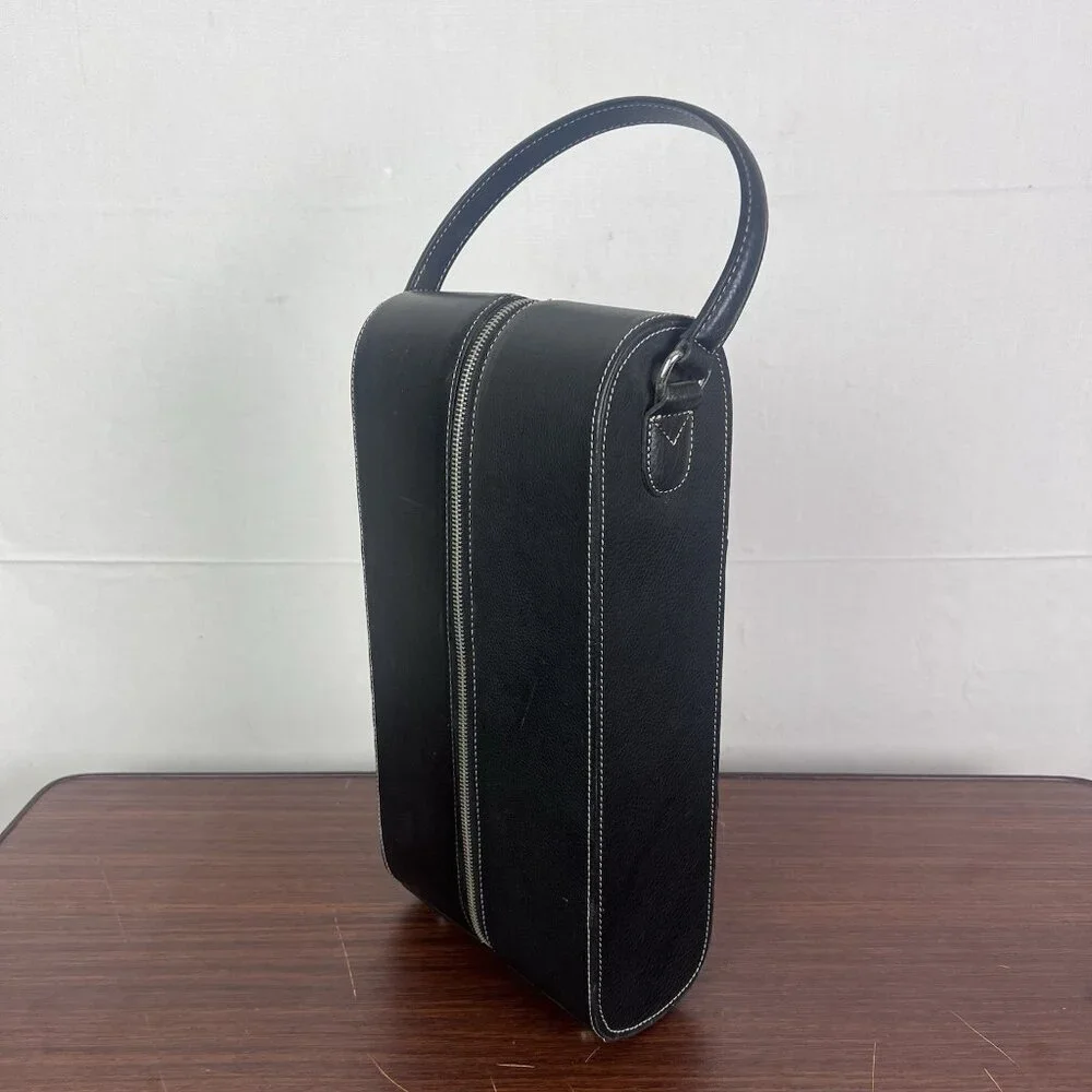 VTG Fossil Leather 2 Bottles Wine Travel Bag Case‎ Leather Purse Handle Zipper